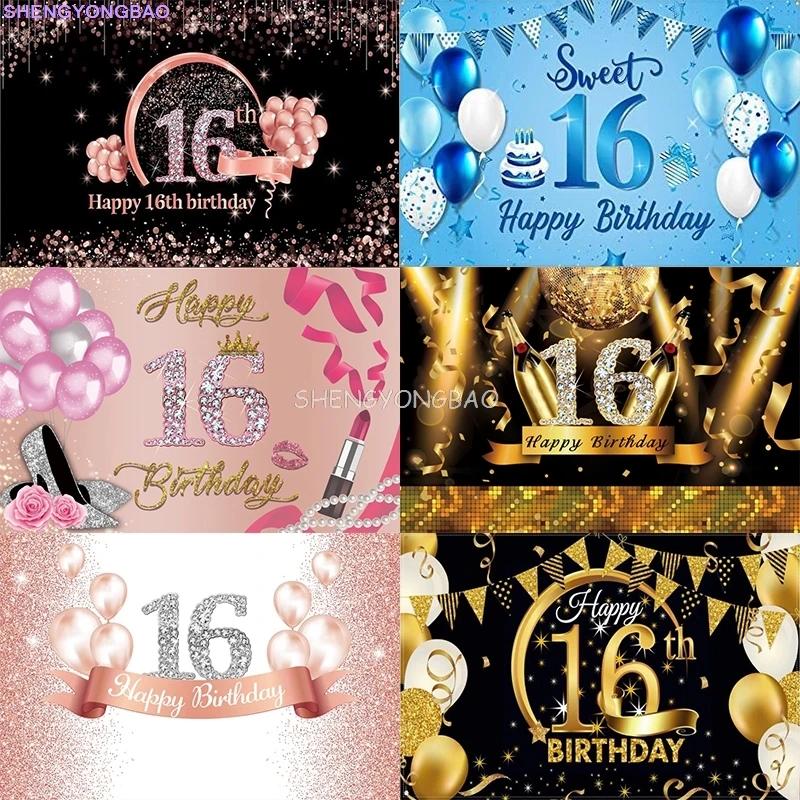 

Rose Gold 16th Photography Backdrops Girls Happy Birthday Party Decoration Boy Sixteen Year Old Photo Studio Background ZQ-01