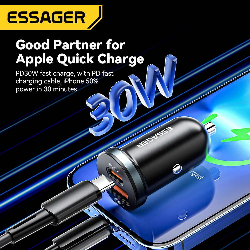 Essager 30W USB C Car Charger ประเภท C Quick Charger PD QC 3.0 SCP 5A Fast ชาร์จรถชาร์จโทรศัพท์สําหรับ iPhone Xiaomi samsung