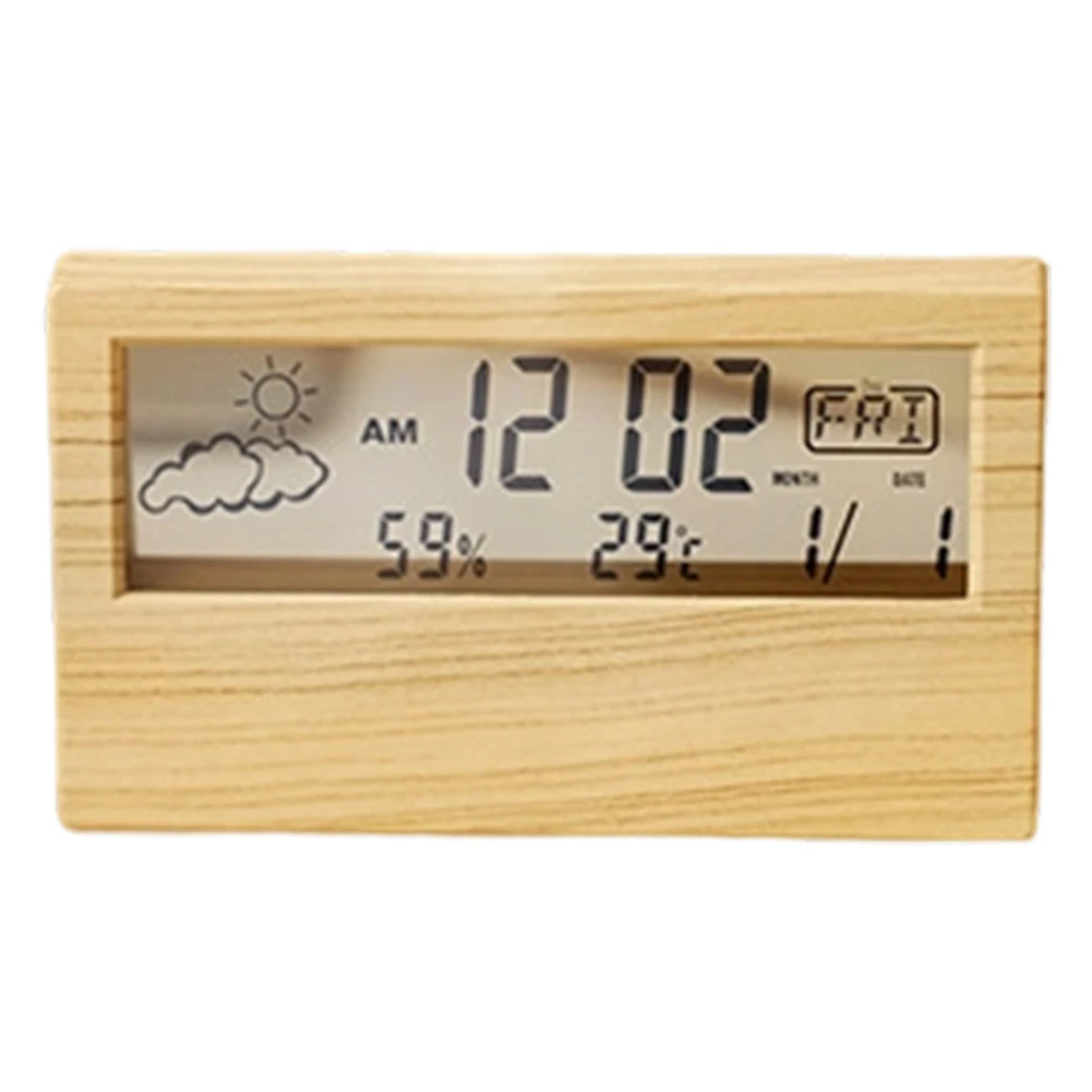Bedside Table Wooden Digital Alarm Clock Temperature Display Humidity Display 12 24-hour Format Date And Weekday