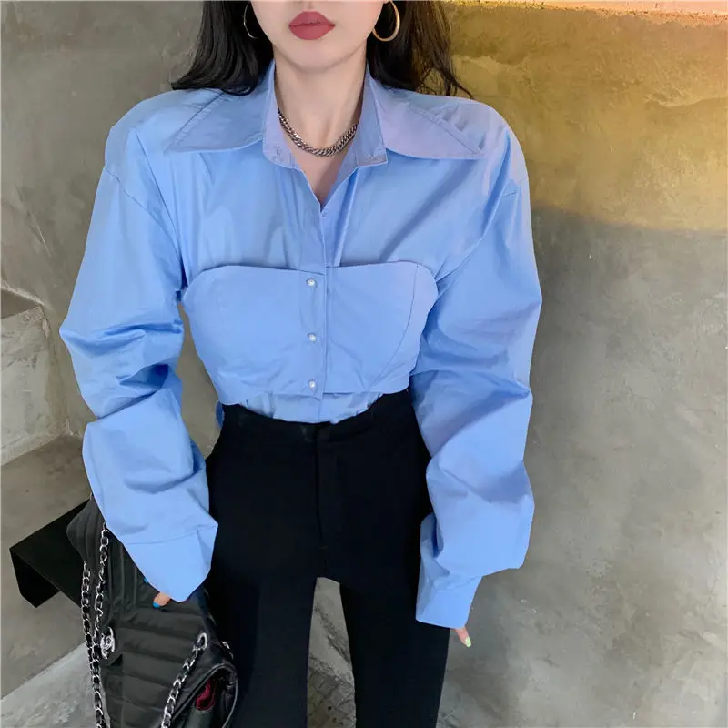 Spring Autumn POLO Collar Fashion Long Sleeve Shirt Women High Street Solid Color Button Cardigan French Style Patchwork Tops