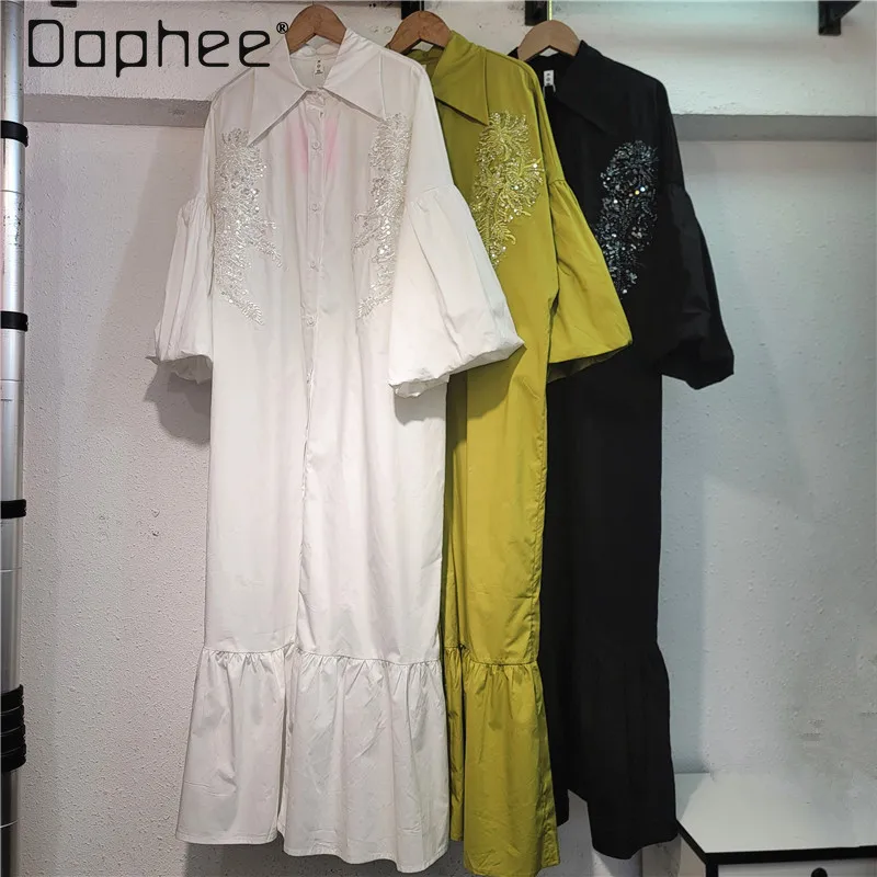 Sukienka damska na wczesną wiosnę 2026, luźna, patchworkowa, z koronkowym wykończeniem, sukienka koszulowa, długa sukienka, modna, odmładzająca, elegancka sukienka letnia.