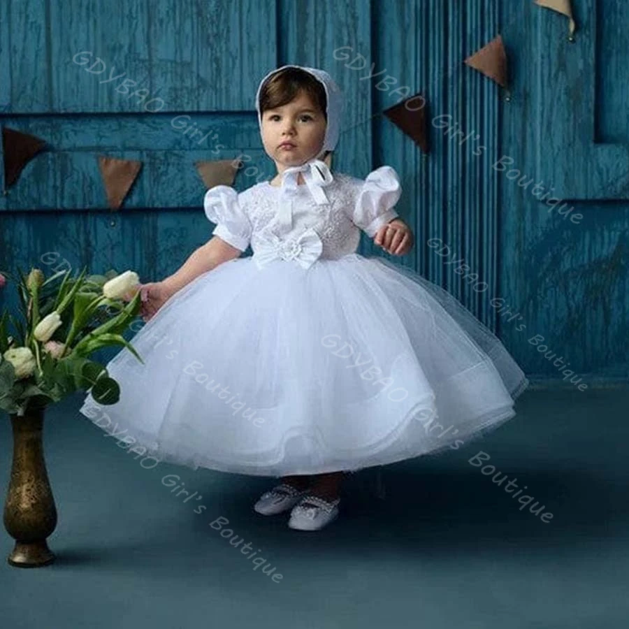 فستان التعميد الأبيض للأطفال الصغار مع ذيل قابل للانفصال وأكمام منتفخة مزين بالخرز فستان التواصل الأول فستان حفلة للفتيات على شكل زهرة #3