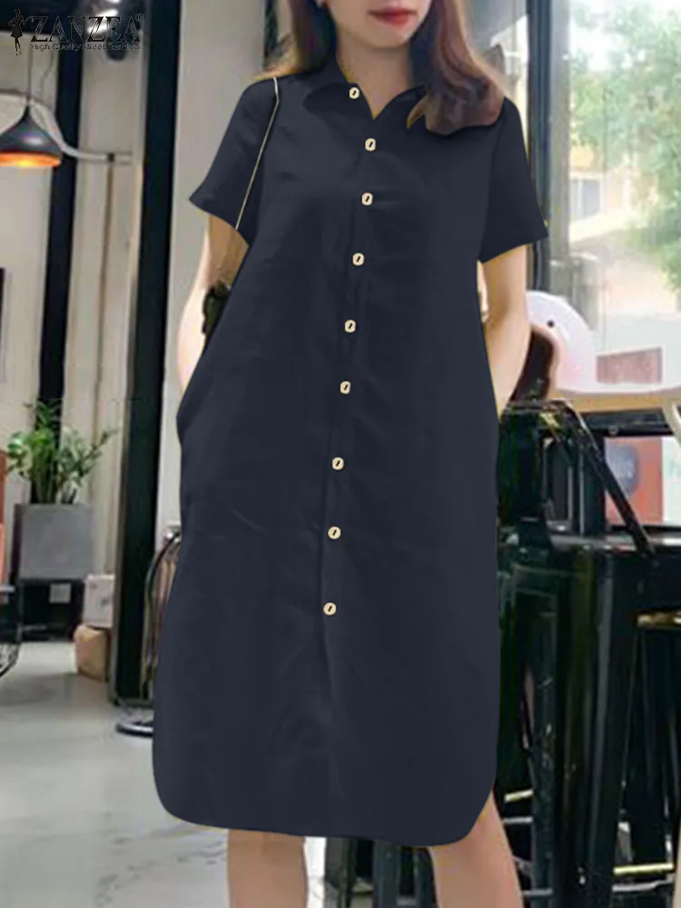 

Vintage Solid Shirt Dress ZANZEA 2024 Summer Sundress Robe Femme Lapel Neck Short Sleeve Shirtdress Solid Work OL Midi Vestidos