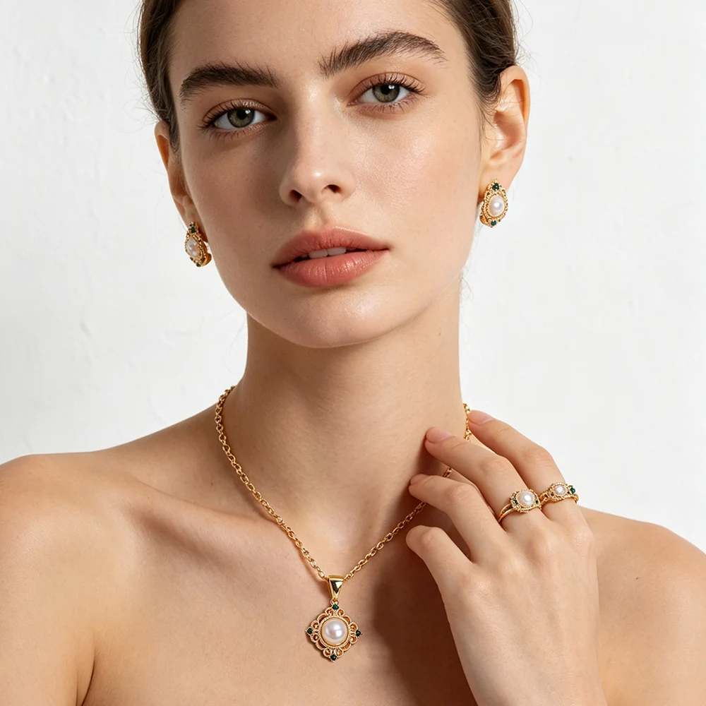 VOBIPY 8 mm Perlen-Zirkonia-Schmuckset für Frauen, natürliche Süßwasserperlen-Halskette, Ohrringe, Ring-Sets, Hochzeit, Party, modisches Geschenk – Detail 1