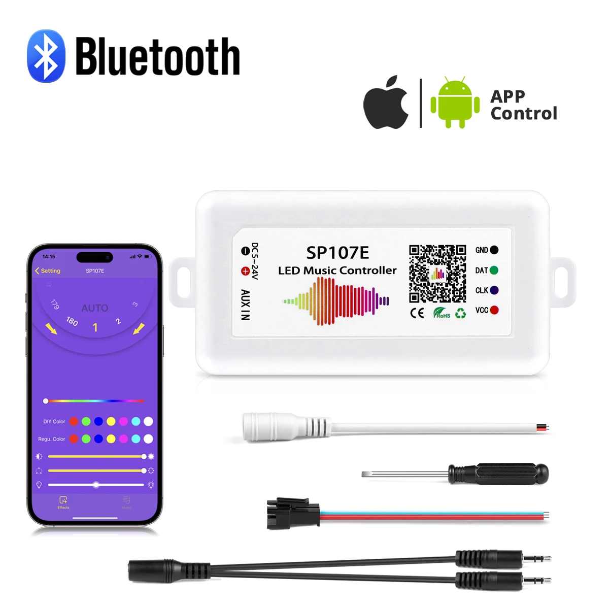 led strip light controller bluetooth app controle de musica enderecavel driver rgb inteligente 5v24v spi pixels ic ws2812b sp107e 01