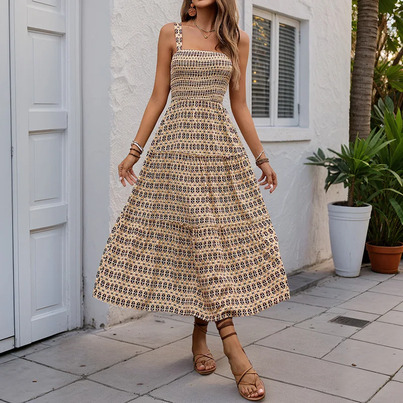 2026 New Women's Summer Geometric Pattern Printed Skirt A Swing Strap Dress