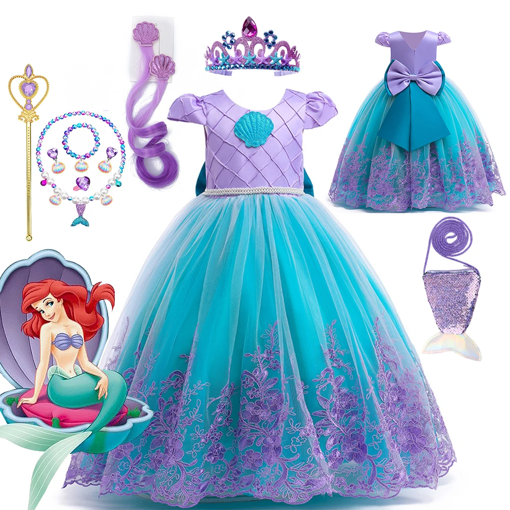 

Disney Mermaid Costume For Girl Ball Gown Dress Luxury Fancy Carnival Christmas Ariel Princess Dress with Back Bow Birthday