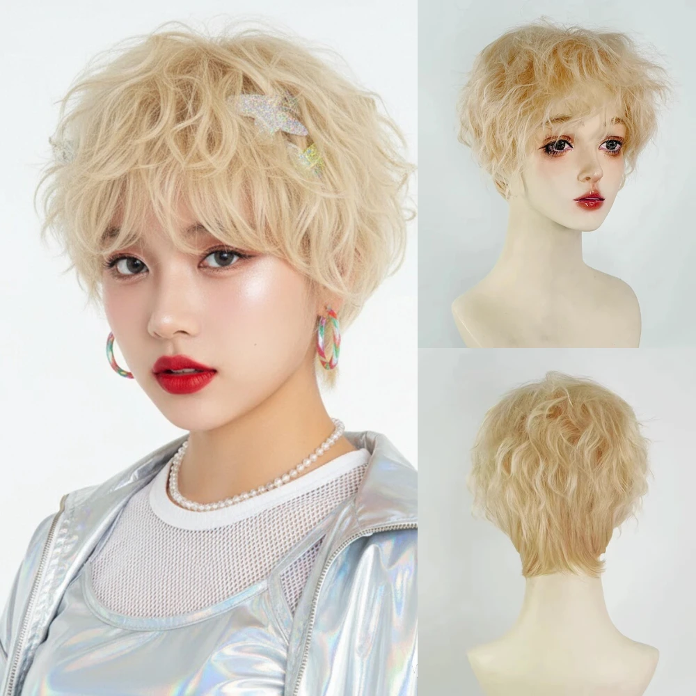 Cute Fashion Short Synthetic Blonde Wigs for Women Heat Resistant Fiber Hair Sweet Lovely Daily Party Cosplay Wear