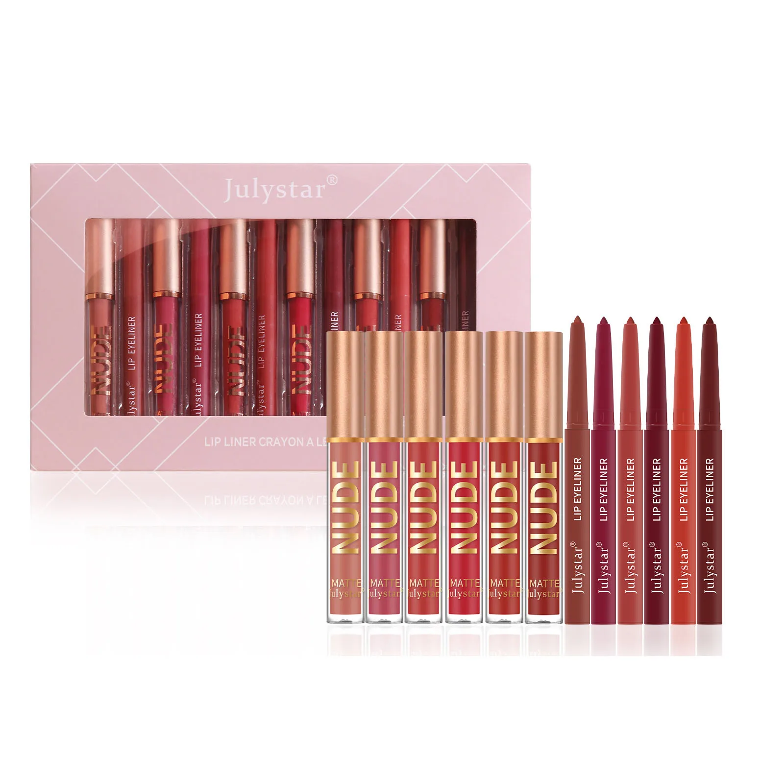 ลิปสติกแบบปากกาไม่ติดแก้ว กันน้ำ ติดทนนาน เนื้อแมทท์ ลิปกลอส ลิปไลเนอร์ 6 สี + ลิปไลเนอร์ 6 สี