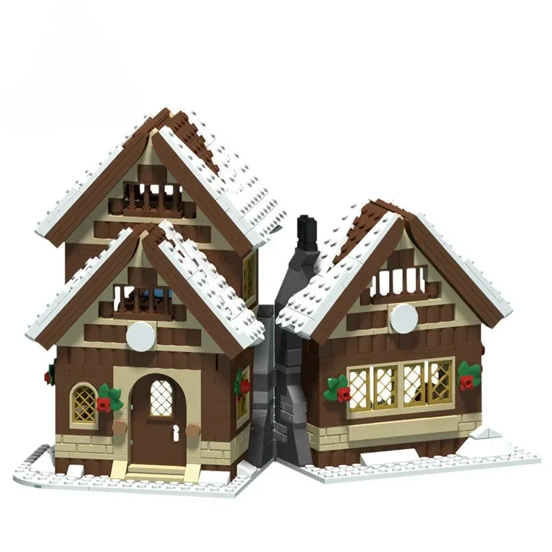 MOC-47615 natal inverno neve casa blocos de construção conjunto medieval nevado vista cottage modelo diy crianças quebra-cabeça brinquedos presente aniversário