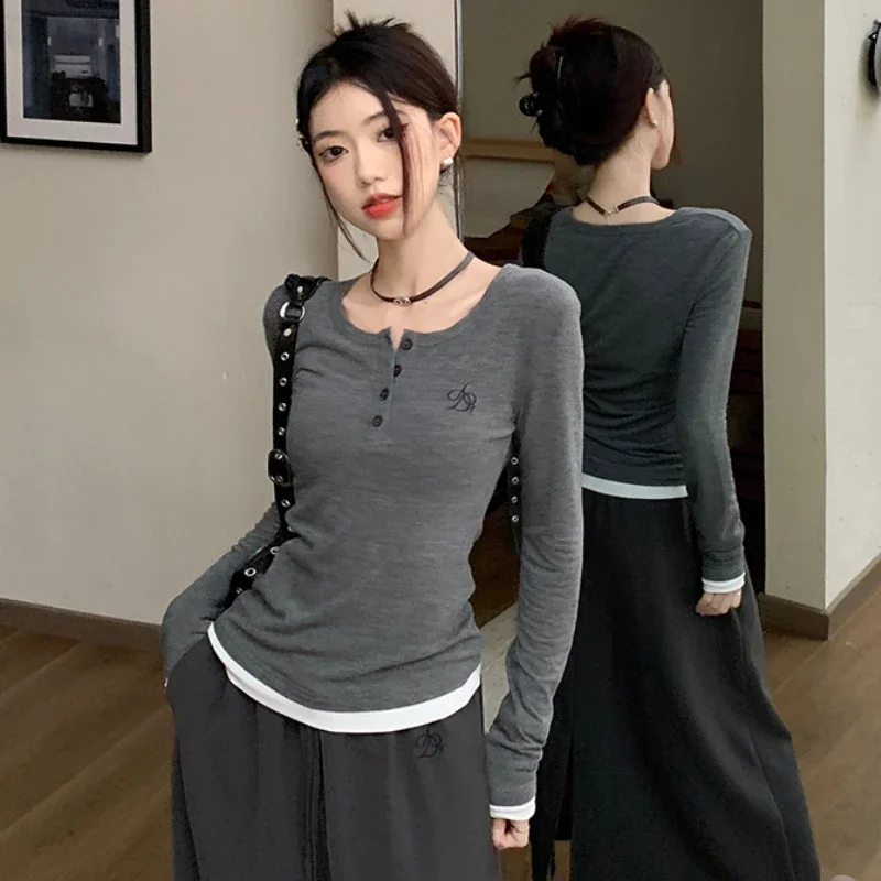 T-shirts Women Fake 2 Pcs Spring Autumn Slim Tops Long Sleeve Korean Retro Female Stylish All-match Young Style Basic Clothes