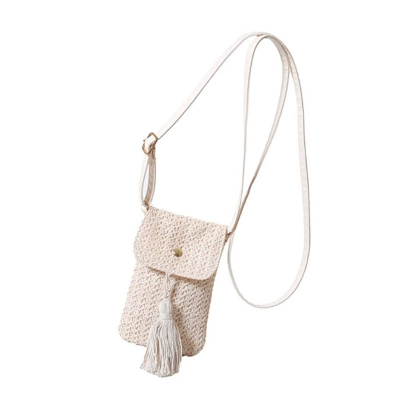 E74B Woven Straw Phone Bag with Adjsutable Strap and Tassels Shoulder Crossbody Purse Wallet for Women Beach and Travel