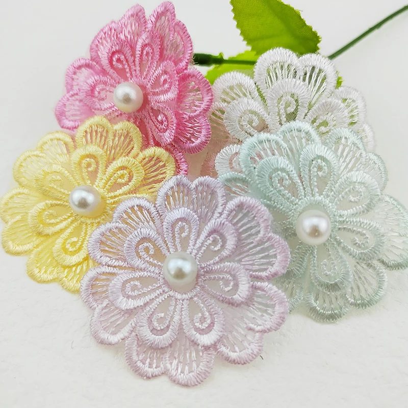 

50Pcs/Lot 5.2CM Pearl Lace Flowers Appliques For DIY Children's Hair Clip Acessories Gift Decoration Patches