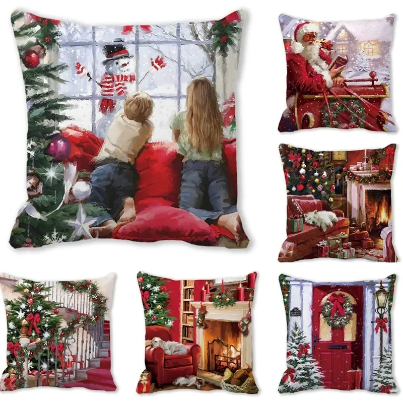 Cartoon Christmas Pillowcase Santa Elk Snowman Cushion Cover Merry Christmas Decor for Home Bed Sofa Noel Dog Navidad Ornaments