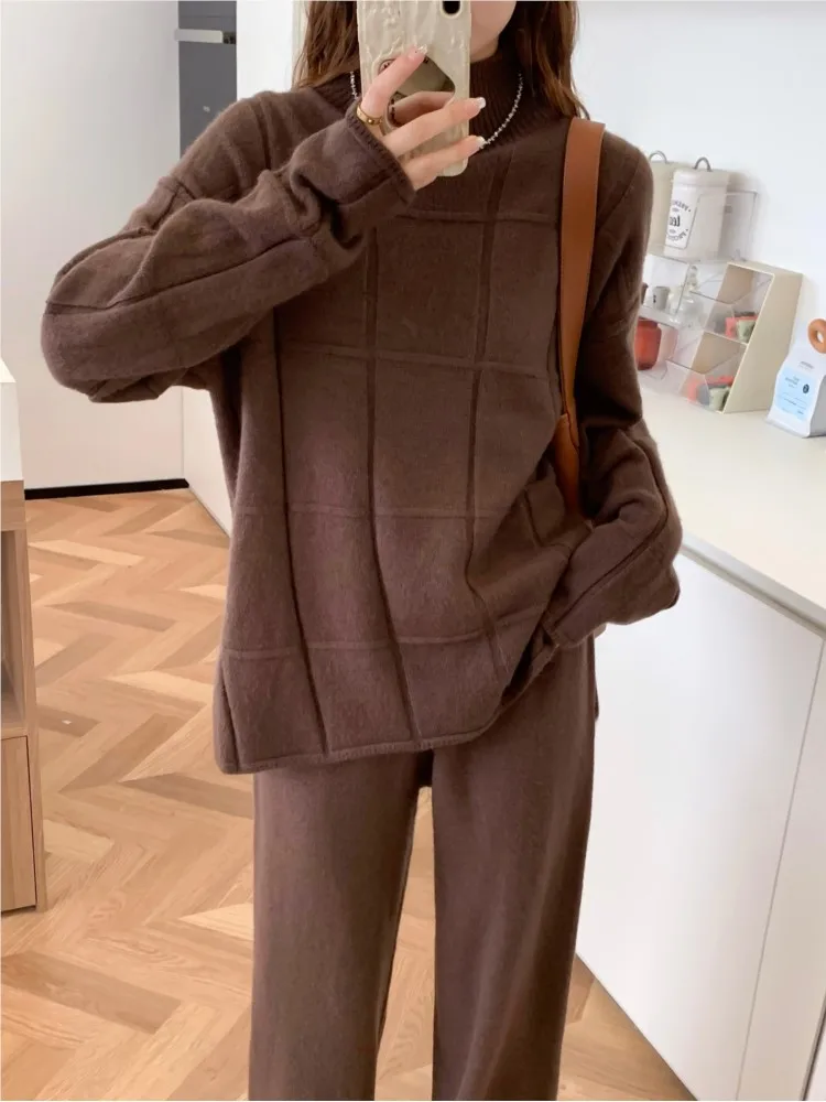 Autumn Winter Knitted Two Piece Set Tracksuit Pullover Women Loose Plaid Top Casual Pants Harajuku Warm Female Solid Clothes New