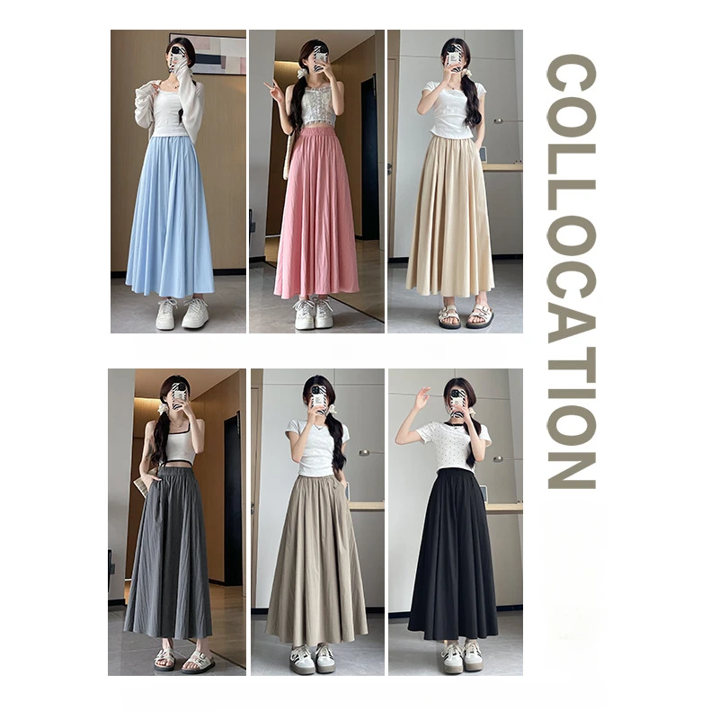 Summer 2024 New Women\'s Skirt Casual Pleated High-waisted A-line Umbrella Skirt Petite Temperament Long Skirt