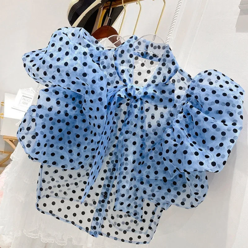 Ruffle Puff Sleeve Black Polka Dot Shirt Women Vintage Blusa Bow Lace Up Lantern Transparent New Blouse Top 2024