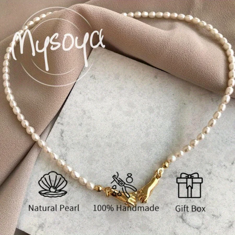 

MYSOYA White Rice-shaped Freshwater Pearl Necklace, 5-6mm Pearls, with Gift Box Birthday Gift Wedding Jewelry for Him/ Her