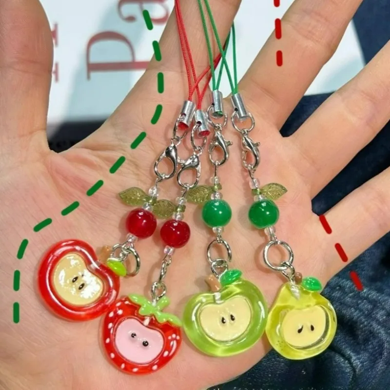 Colgante hecho a mano de manzana roja y verde, cadena para teléfono, adorno colgante con cuentas, cadena para cámara, accesorios para llavero con forma de corazón para chica Ins