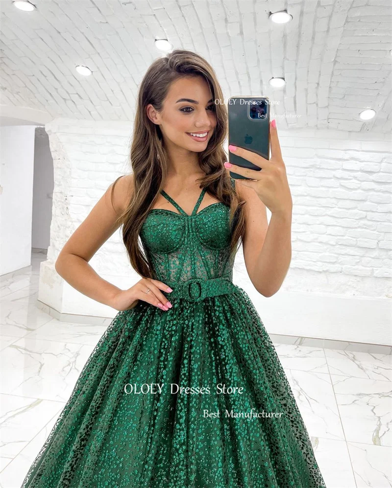 OLOEY Sparkly Emerald Green A Line Evening Dresses Glitter Straps Princess Long Prom Gowns Formal Party Quinceanera Dress