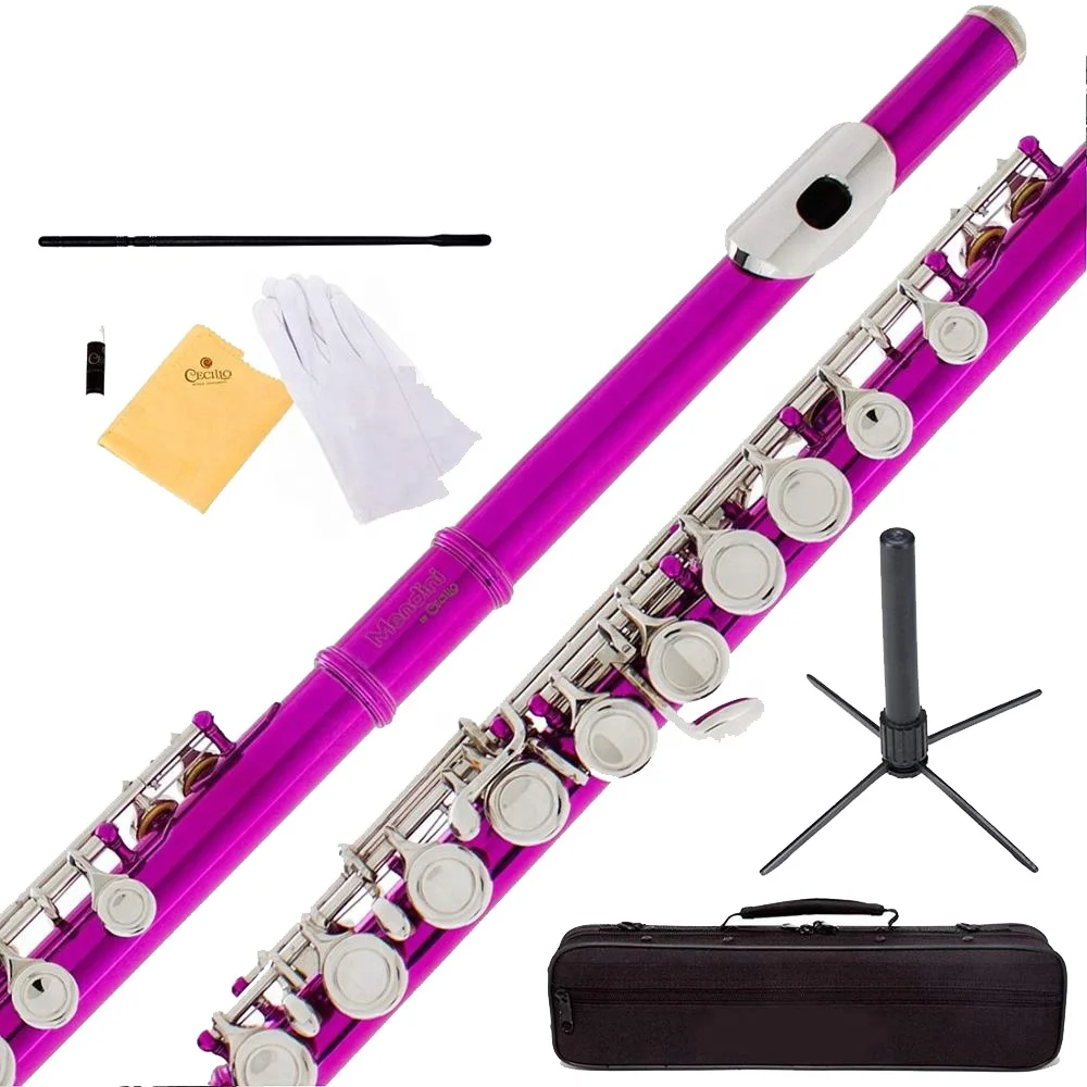 16-Hole C Tone Closed Hole French Key Flute, Nickel Plated Woodwind Instrument with Pink Leather Case