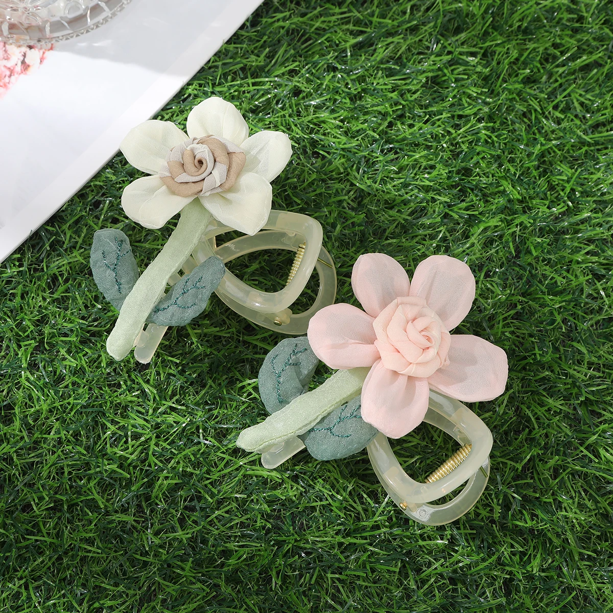 New Women's Hair Claw Mesh Flowers Hair Clip Half-up Ponytail Shark Clip Pink Flower Crab Clamp Barrettes Hair Accessories