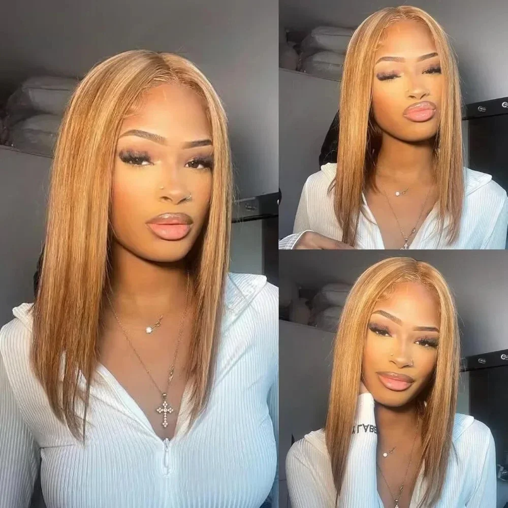 

16 Inch Highlight Ombre Human Hair Glueless Bob Wigs 4/27 Highlighted Blonde HD Lace Front Wigs for Black Women 180% Density