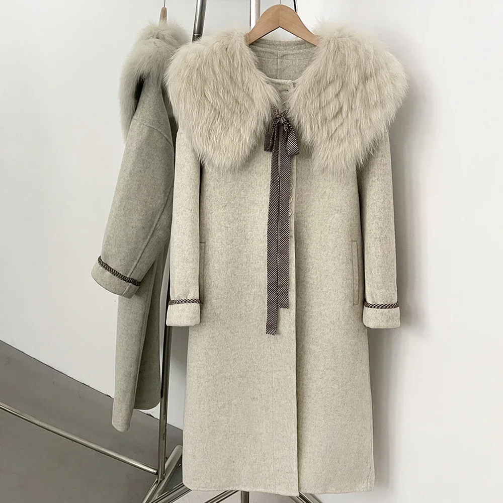 

Natural Fur Collar Long Wool Coat for Women Fox Fur Jacket Female Real Fur Outerwear Pockets Autumn Winter Woolen Jacket Lady