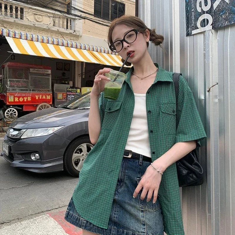 

EBAIHUI American Vintage Green Plaid Shirt Summer Loose Preppy Style Women's Blouse Lapel Casual Outwear Cardigan Blusas