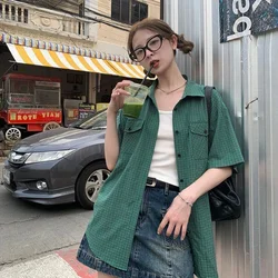 EBAIHUI American Vintage Green Plaid Shirt Summer Loose Preppy Style Women's Blouse Lapel Casual Outwear Cardigan Blusas
