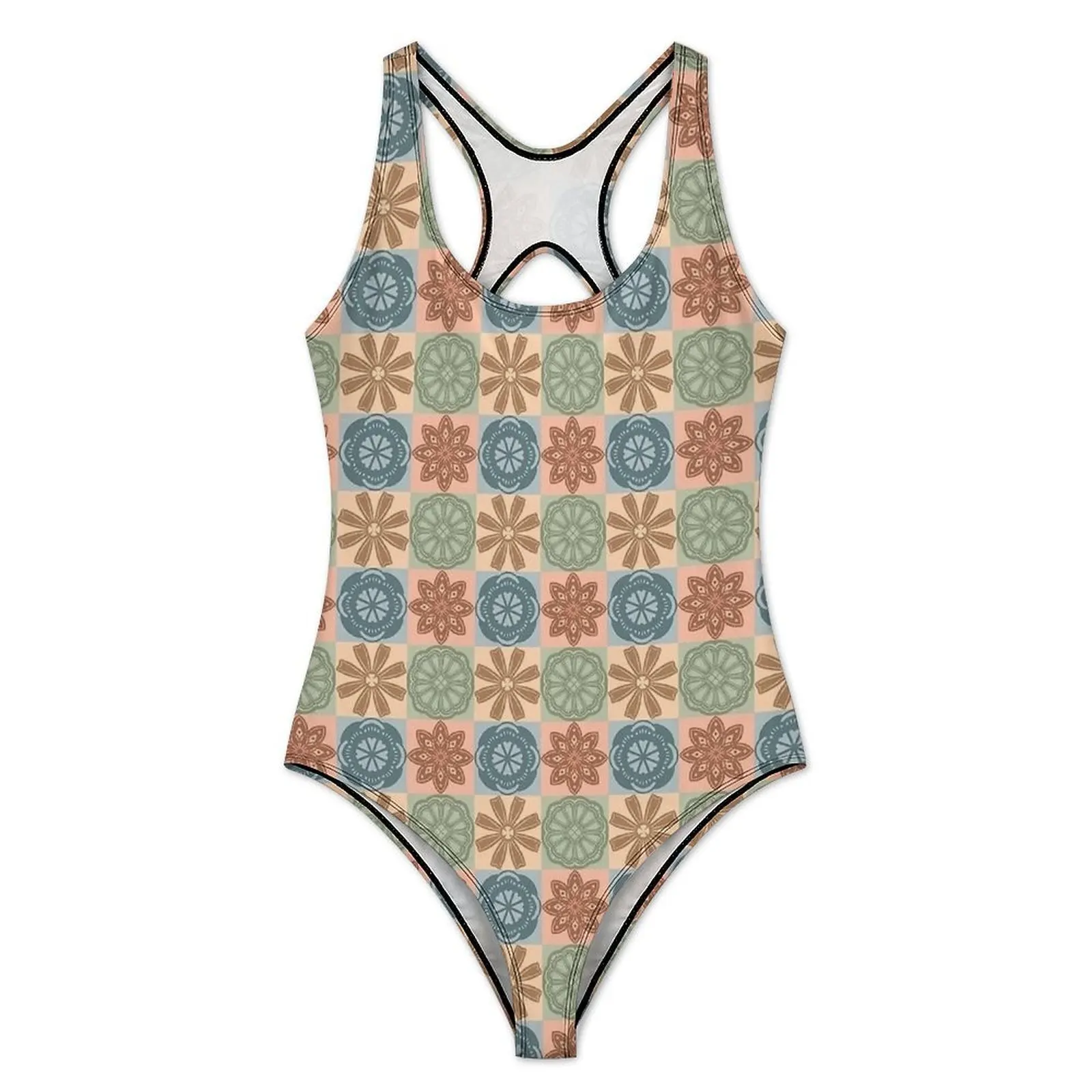 Retro Check Floral Tile Print Swimsuit Sexy  Female Swimwear One Piece Stylish Bodysuit Holiday Push Up Sleeveless Bathing Suit