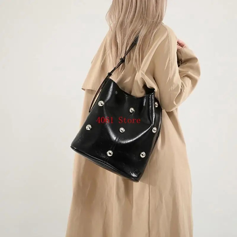 

Functional PU Shoulder Bag for Women Rivets Beads Large Capacity Bucket Handbag