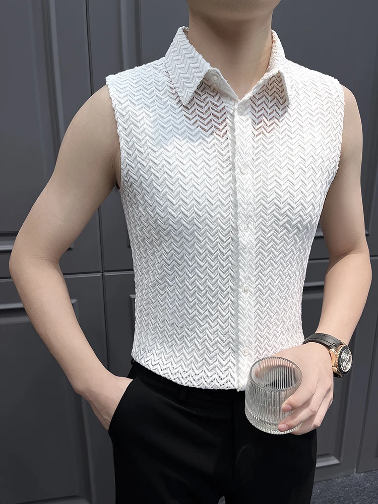 Trendy Sexy Lace See Through Shirt Men Summer Slim Sleeveless Casual Shirt Ice Silk Social Stage Nightclub DJ Performance Tops