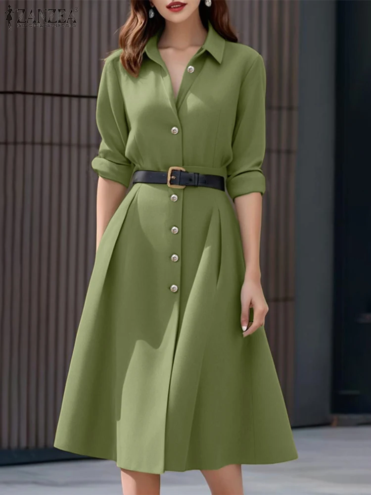 2025 ZANZEA elegante vestido camisero de otoño para mujer elegante Vestidos de trabajo OL de manga larga vestido veraniego de cintura alta sólido una línea Vestidos de fiesta