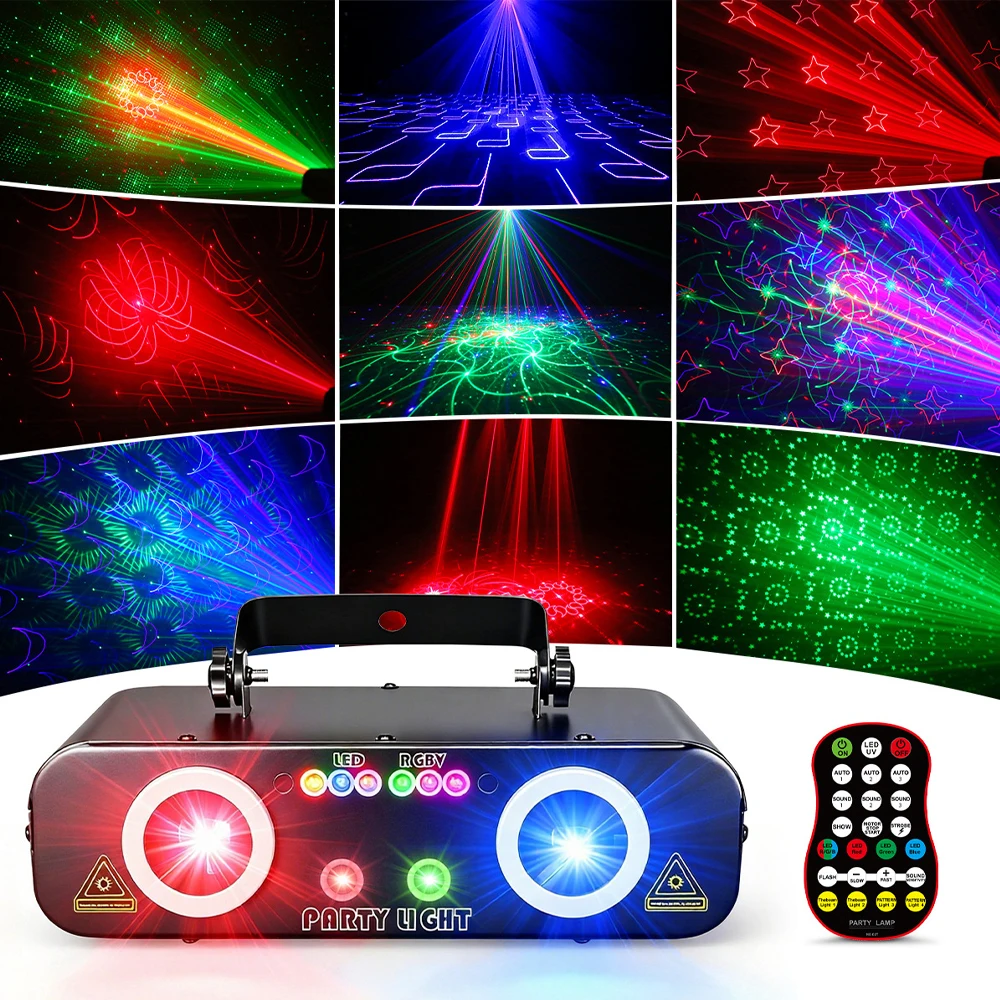 RGB LED Stage Lights UV Purple Lights DMX 3D Lazer Light Projector Remote Control DJ Lazer Lights Pattern Lazer for Disco Party