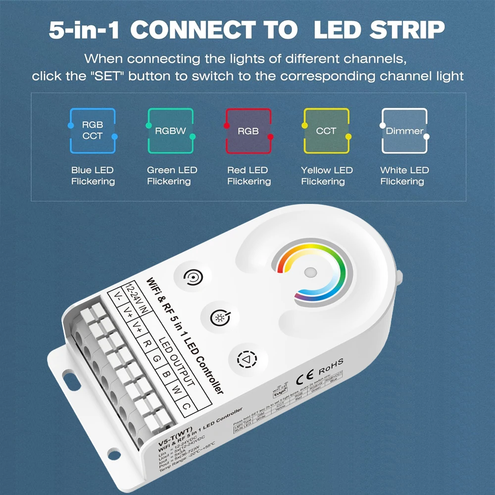 CENFAYA WiFi 5 Modes in 1 Mini LED Strip Controller DC12-24V RGBCCT RGBW RGB CCT WWCW Dimmer Work with Tuya Smart Life App Alexa
