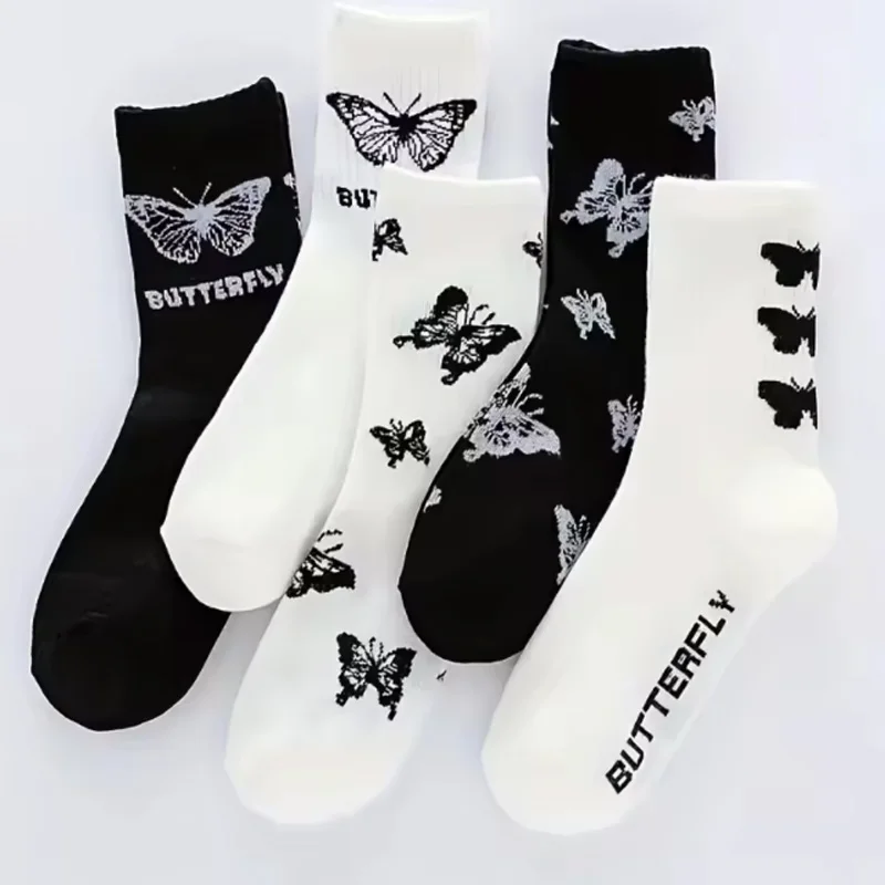 3/5/6 Pairs Women's Mid Length Stockings Set in Black And White With Butterfly Pattern Popular and versatile Sweat Absorption image 3