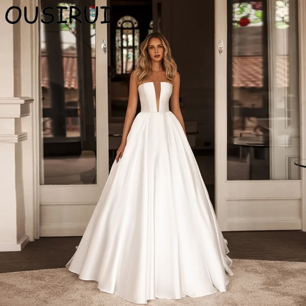 

OUSIRUI Modest Boat Collar Satin Wedding Dress Blackless A-line Court Sleeveless Wedding Bridal Gown 2024 Vestido de novia