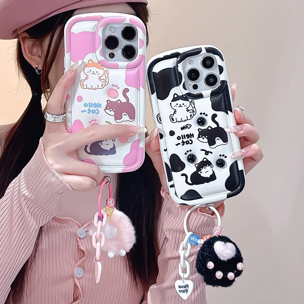 INS Cute Cartoon Cat Bubble Phone Case For iPhone 15 14 13 12 11 Pro Max Cow Pattern Soft Shockproof Back Cover Cats Paw Pendant