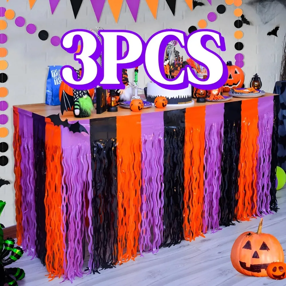 3 piezas de faldas de mesa onduladas de papel metalizado negro, naranja y morado, con flecos brillantes para decoración de mesas de fiesta