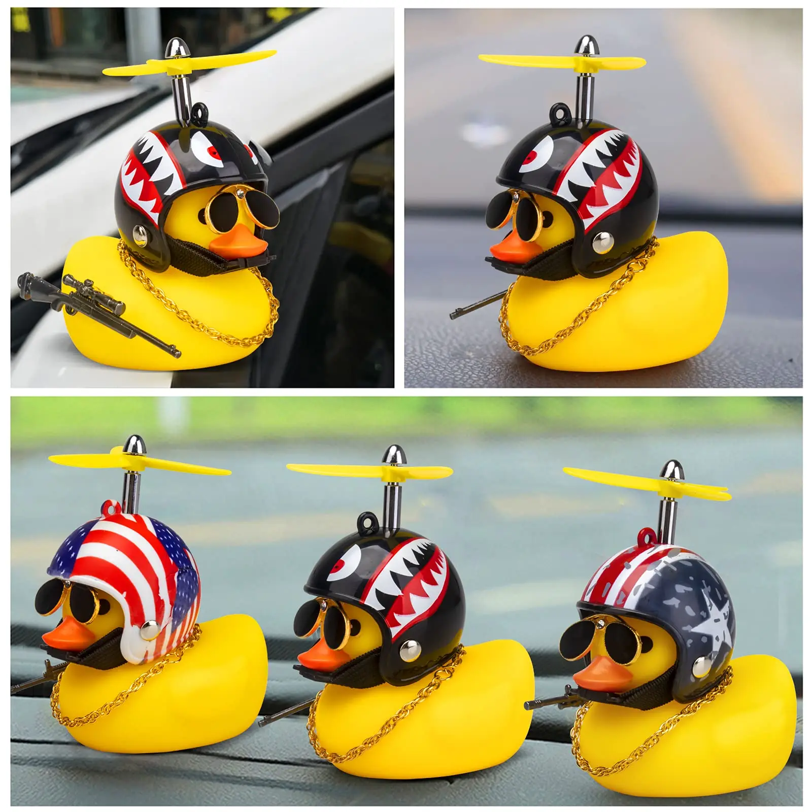 2PC Rubber Duck Toy Car Ornaments Yellow Duck Car Dashboard Decorations Squeeze Duck Bicycle Horns with Propeller Helmet