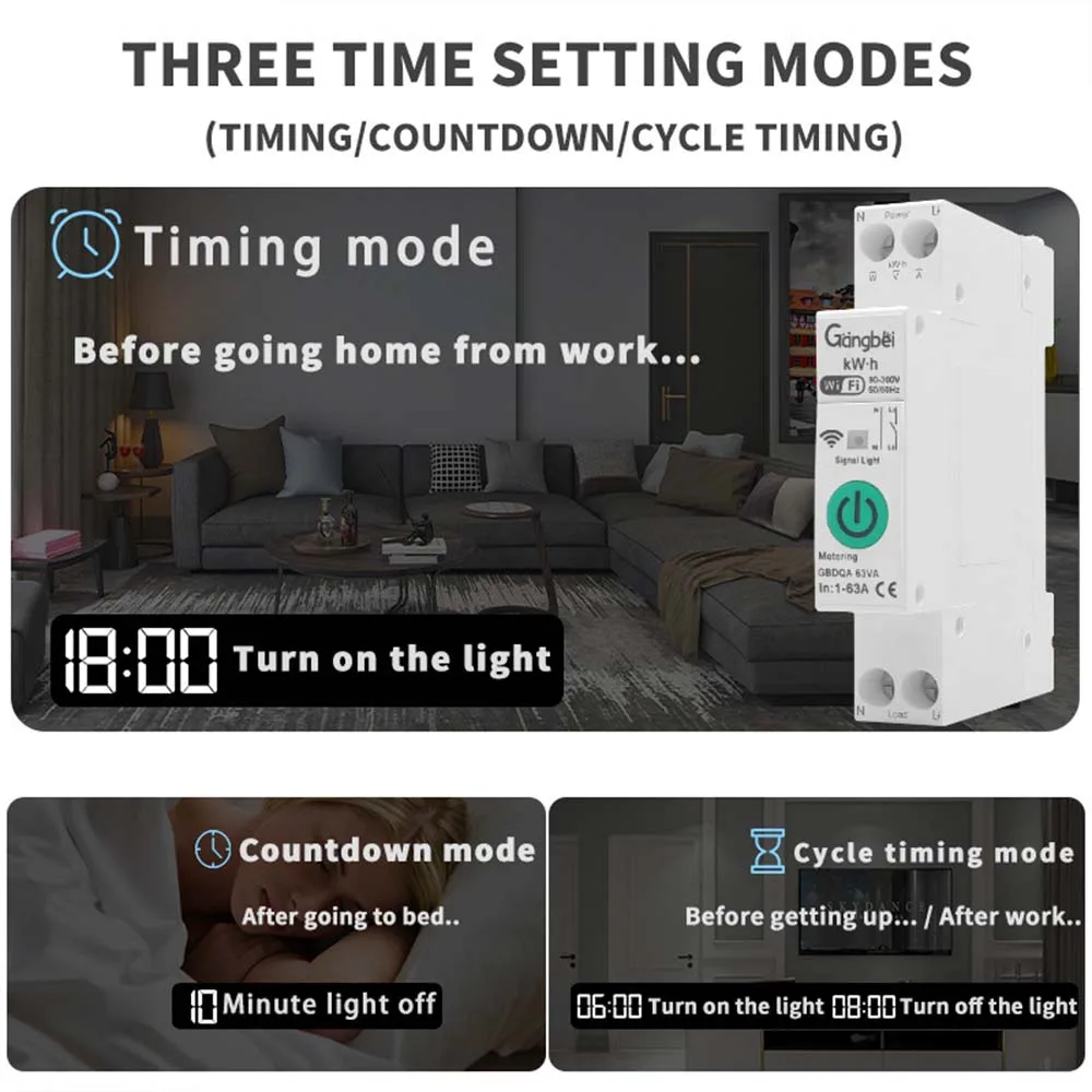1-63A Smart WiFi Circuit Breaker Under Voltage Over Current Protection Power Metering Tuya App/Voice/Switch Control Google Alexa