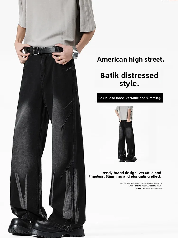 

Wassup Semar, мужские свободные прямые джинсы в американском стиле ретро, модные джинсы с принтом тай-дай, смесь хлопка и полиэстера, весна-лето