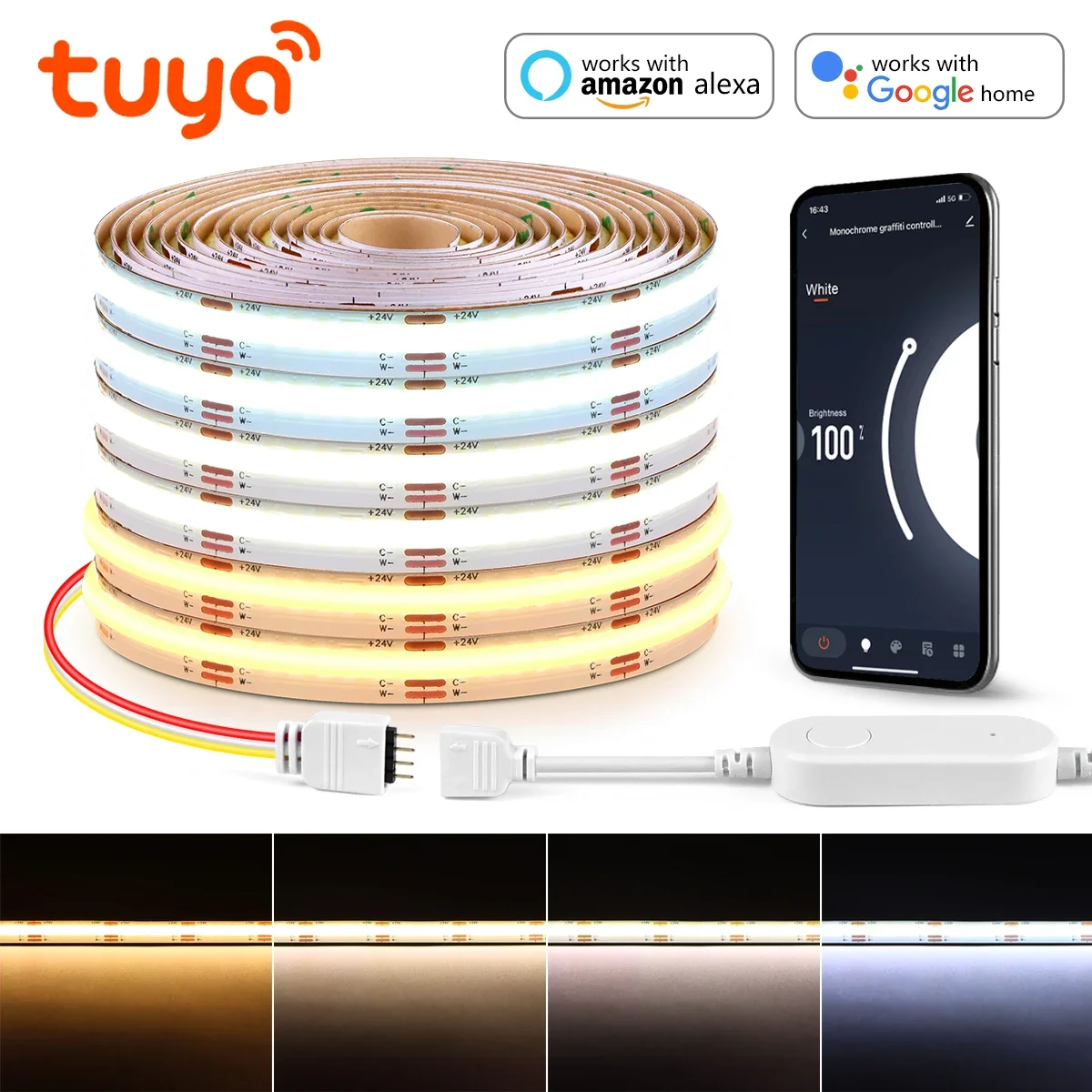 

Светодиодная лента Tuya Smart WIFI COB CCT DC24V 3M 5M 2700K-6500K Сменная лента для лампы с регулируемой яркостью работает с Alexa Google Home
