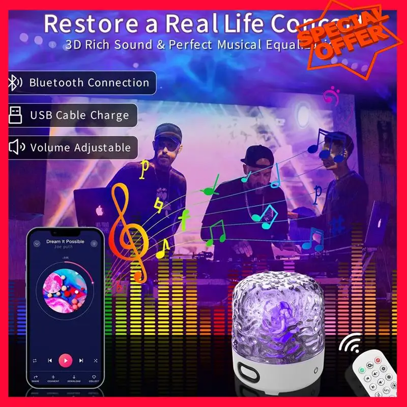 

-ESTR Wave Cordless Projector Light With 16Color Effects,Night Lights LED Northern Lights Projector,Built-In Bluetooth Speaker