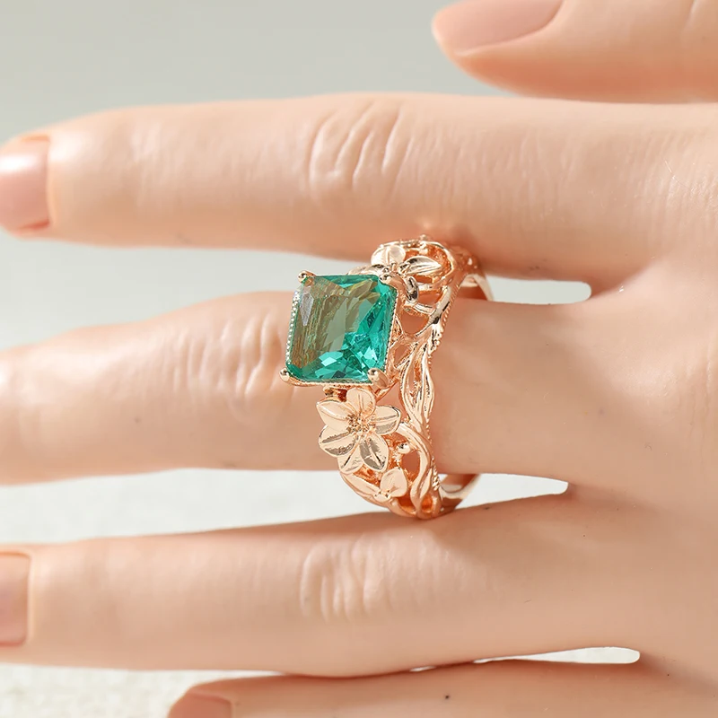 Artistic Vintage Green Synthetic Zirconia Floral Cameo Ring for Women Elegant Luxury Banquet Festival Unique Jewelry Accessories
