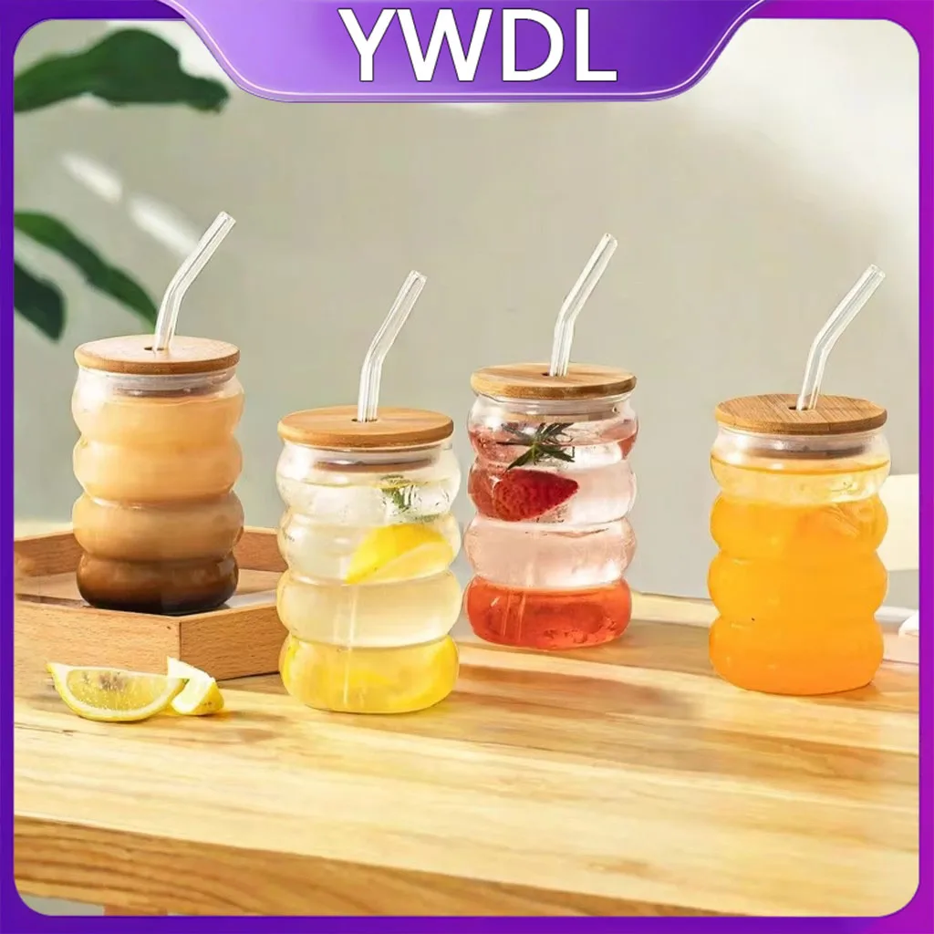 YWD 1/2/4 Stück Glasbecher mit Deckel und Strohhalm, Hitzebeständiger Wellenbecher für Bier, Saft, Eiskaffee, Cocktails und Fruchtgetränke