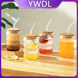 YWD 1/2/4PCS Glass Cup with Lid Straw Heat-resistant Wave Cup Beer Juice Ice Coffee Cups Cocktail Fruit Glass Drinkware