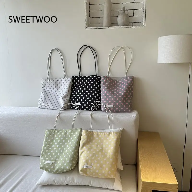 

Polka Dot Canvas Tote Bag with Simple Label Double-Sided Usable Casual Shoulder Bag for School Work & Daily