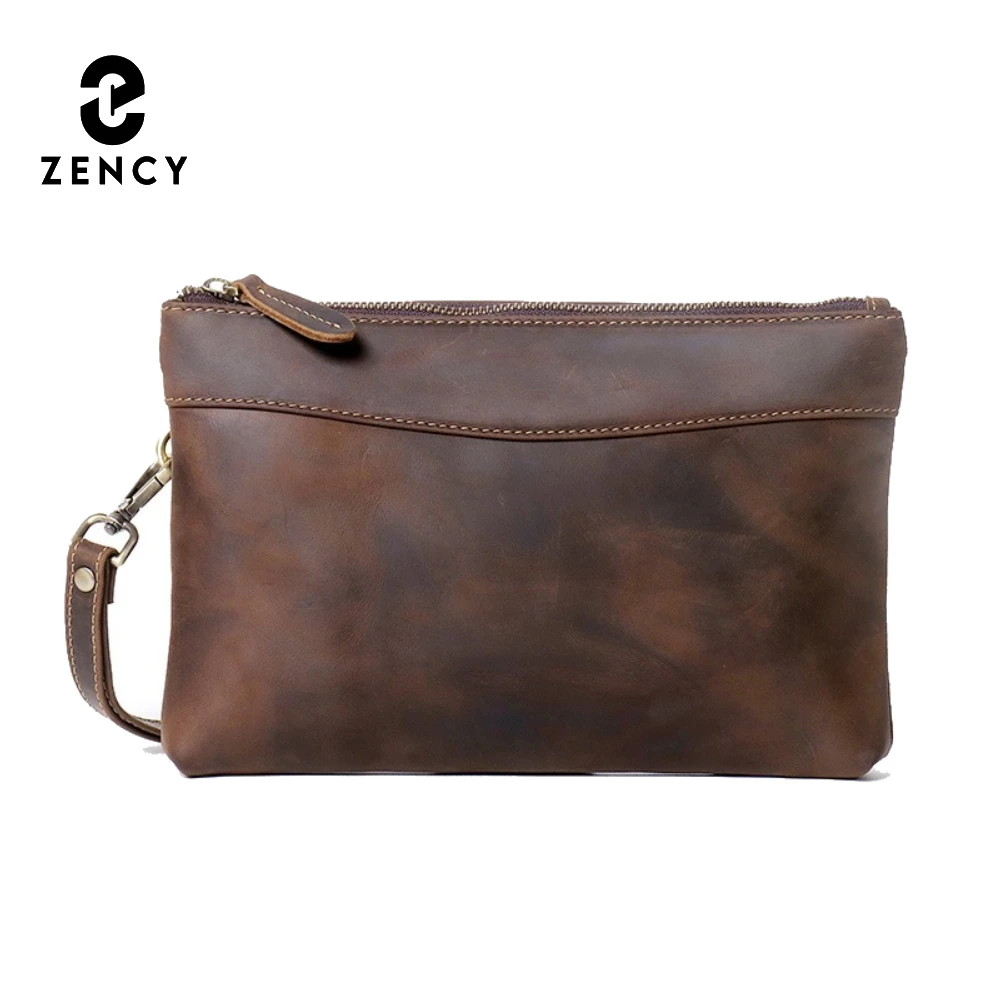 Zency Genuine Leather Men's Clutch Bag Wristlets Top Grain Cowhide Large Capacity Wallet Handbag Vintage Crazy Horse Leather Bag